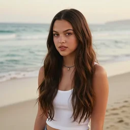 Olivia Rodrigo at the beach, realistic
