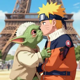 high resolution concept art of naruto and yoda kissing in paris