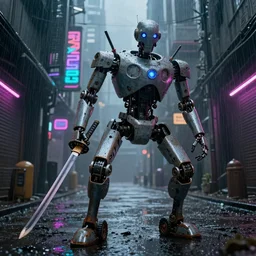 an old robot with wheel legs gripping a perfectly detailed katana in their hand with a badass pose. Rainy Grungy neon cyberpunk alleyways in the background Badass pose , Photo realistic , Gregory Crewdson , Award winning. Masterpiece, exquisite detail, post processing