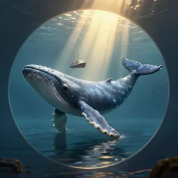 a dream from a whale and ship on the peaceful sea in the mirror, 8 k, trending on artstation, volumetric light, lightrays, cinematic, atmospheric, octane render, insanely detailed and intricate, by james jean, ellen jewett, zdzislaw beksinski and peter mohrbacher, hyper realistic, super detailed, golden ratio, octane, redshift, unreal 5, behance, deviantart, vray, well rendered