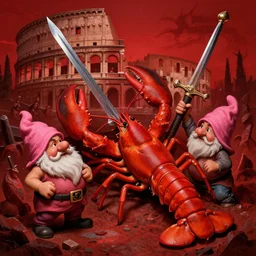 ney matogrosso wrestling with a giant lobster, a pink gnome, in hoc signo vinces, 2 0 3 0 rome in background, an ancient sword and battle, in the style of beksinski, part by hopper, part by rodcenko, part by hofbauer, intricate composition, red by caravaggio, insanely quality, highly detailed, masterpiece, red light, artstation