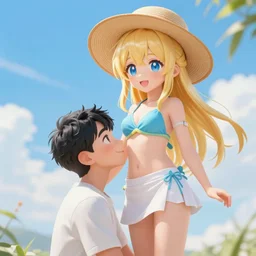 tiny father a tall daughter picture : a very beautiful young blond anime girl, bright face, sunhat, cute smile, sky blue eyes, bikini, white miniskirt, highly detailed, cinematic wallpaper by stanley artgerm lau