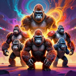 anthropomorphic gorillas robots with human characteristics in an arena, digital art, epic composition, fantasy, explosion of color, highly detailed, in the style of jake parker, in the style of conrad roset, swirly vibrant colors, sharp focus