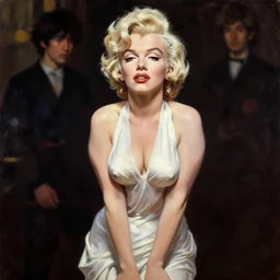 baroque oil painting of japanese ln illustration anime key visual full body action shot | marilyn monroe | symmetrical perfect face fine detail wistful gaze | lotr dynamic studio highlights sharp contrast stunning bokeh post processing gapmoe kuudere trending pixiv fanbox | by greg rutkowski makoto shinkai takashi takeuchi studio ghibli