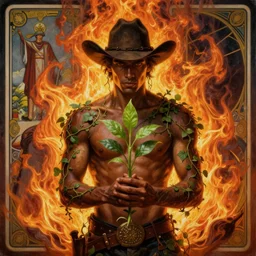 a beautiful dramatic epic ethereal symmetrical painting of a handsome cowboy holding a green plant in his hands | he is dark skinned and wearing a cowboy hat. he is shirtless and covered in vines | background is an epic flames fire conflagration | tarot card, art deco, art nouveau | by Mark Maggiori | trending on artstation