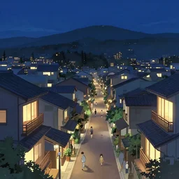 beautiful anime background of japanese modern town at night, people at their houses, aesthetic, beautiful, drawing, anime color palette, sky view