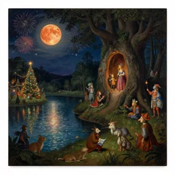 renaissance painting of a night carnival around a magical tree cavity, with a surreal orange moonlight and fireworks in the background, next to a lake with iridiscent water, christmas lights, folklore animals and people disguised as fantastic creatures in a magical forest by summer night, masterpiece painted by koson ohara, scene by night, dark night environment, refraction lights, glares