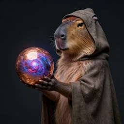 a capybara, wearing a hooded cloak, holding a copper orb, eel nebula, by mike davis