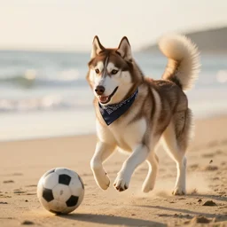a playful brown husky wearing a bandana, playing soccer at the beach, Golden hour, bokeh, 4k photo,
