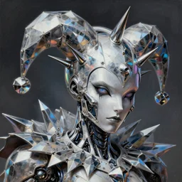 closeup of court jester with spikes on his head, cyberpunk art concept, holographic metallic polygonal shards, ultrafine detailed painting by cedric seaut android jones artgerm greg rutkowski gustave dore, cgsociety, intricate platinum cyborg bionic futurism fantasy art angular trending on zbrush central darksynth sharp focus 8 5 mm f 1. 8 ray tracing