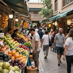 A busy and crowded Persian and Japanese style street with fruit stalls filled with colorful and exotic mizugui .Realistic concept art, 4k, full of details.