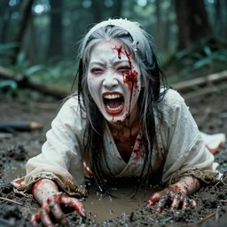 1 9 7 0 s movie still close - up of a bloody white japanese female ghost yelling going out of mud puddle, big teeth, swamp backround, cinestill 8 0 0 t 3 5 mm eastmancolor, heavy grain, high quality, noir, natural textures, photorealistic, ambient occlusion, hd, ultra wide lens, anamorphic, fade color