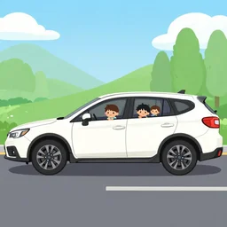 side view of a cartoon family on a road trip with 2 kids in the backseat of the white subaru ascent,