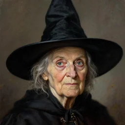 granny weatherwax, an old lady, a witch, with a sharp face and a piercing expression. she is wearing a tall black pointed witch hat. beautiful painting with highly detailed face by greg rutkowski and raymond swanland