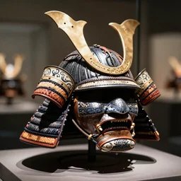 japanese samurai helmet, intricate detail, full shot, museum lighting, ultra detailed,