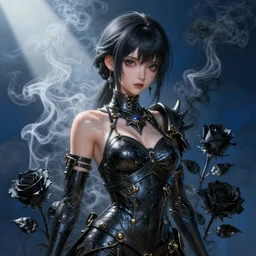 3 d, white and black smoke, sun rays, young mysterious ninja woman cute anime model, sweat skin, liquid black metal, black roses, poster art, high detail, intricate oil painting, multiple exposure, deep blue mood, hyperrealism, 3 d, by tooth wu and wlop and beeple and greg rutkowski, 8 k, extremely detailed, artgerm
