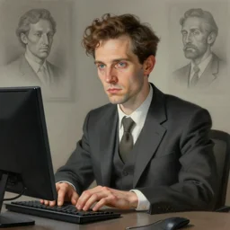 portrait of a man typing on a computer, surrealism, detailed surroundings, artstation, detailed facial expression, centered, intricate, sharp focus, highly detailed, concept art, smooth, illustration, digital painting, elegant, intense emotion, by greg rutkowski, wlop