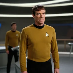 Thor, in starfleet uniform, in the role of Captain Kirk in a scene from Star Trek the original series