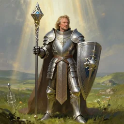 robin williams dressed as a fantasy holy paladin carrying a large tower shield, d & d, fantasy, intricate, elegant, highly detailed, digital painting, artstation, matte, sharp focus, illustration, shining plate armor, god rays, rolling grassy field in the background, art by john collier and albert aublet and krenz cushart and artem demura and alphonse mucha