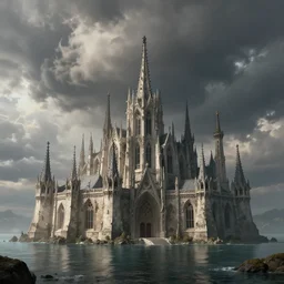A gothic citadel in a lagoon, Mammatus clouds, fantasy art, artstationhq, architectural art