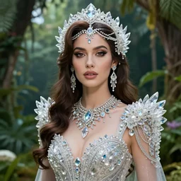 beauteous sumptuous elegant woman in paradise garden, with incredible indirect soft cinematic lighting, crystalline masterpiece incrustations, hyperdetailed features, movie still, intricate, octane render, cinematic forest lighting, unreal engine,