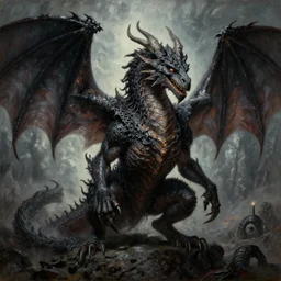 Dramatic portrait of A gothic dragon in a cinematic scene from the underworld, by Tim Hildebrandt, by Wayne Barlowe, by Bruce Pennington, by Zdzisław Beksiński, by Paul Lehr, oil on canvas, masterpiece, trending on artstation, featured on pixiv, cinematic composition, astrophotography, dramatic pose, beautiful lighting, sharp, details, details, details, hyper-detailed, no frames, HD, HDR, 4K, 8K