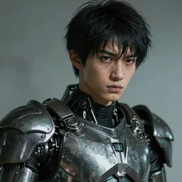 art by ayami kojima, portrait of young a man wearing some kind of biomechanical armor, with a determined but sad expression sharp focus, cinematic lighting, artstation hq.