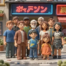 group of varied people made of plastic and clay, 3 d, exterior street, neon japanese advertisements, portrait face, dappled light, in the style of matt murphy, jeremy enecio, miles johnston, monet, cynical realism, john william godward, yoshitaka amano, miles johnston, louise zhang, matt murphy, enes dirig, pekka halonen, finnish naturalism, realism