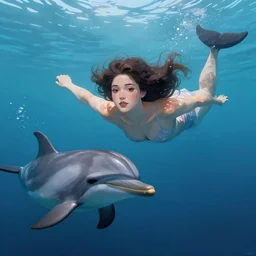 a queen of the ocean, also with beautiful nice human face, swimming with dolphins in ocean, detailed digital art by greg rutkowski.