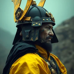 profile portrait of old samurai, goth punk, cyberpunk, vibrant yellow colors, surreal, french baroque style by alexander mcqueen, hyper detailed, cinematic, art by bill sienkiewicz trending artstation, octane render
