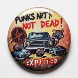 painting on a badge, punks not dead!, exploited, clash, junk yard, rats, punk rock album cover art style, grunge, no future
