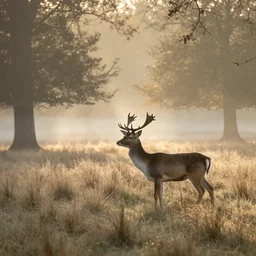 beautiful landscape photography of ashdown forest, misty morning in autumn, dew drops, glistening, stag deer, sun rays, lpoty, award winning