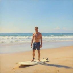 beach, surfing, blue sky, summer morning, warm, a painting by kenton nelson
