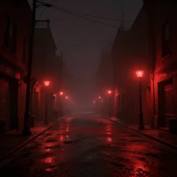 red night street, gloomy and foggy atmosphere, octane render, artstation trending, horror scene, highly detailded