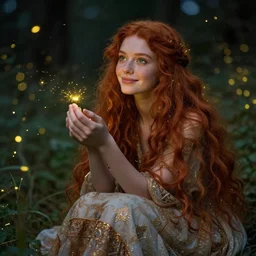 a young woman, admiring the lights of golden fireflies, sitting in the midst of nature fully covered with a wonderful dress, long loose red hair, intricate details, green eyes, small nose with freckles, oval shape face, soft happy smile, realistic, expressive emotions, mystical scene, hyper realistic art by marco grassi and artgerm