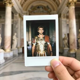 close up hand holding a polaroid photograph of a man wearing roman emperor clothing in a pristine marble palace with romans, photorealistic, dramatic lighting, intricate details