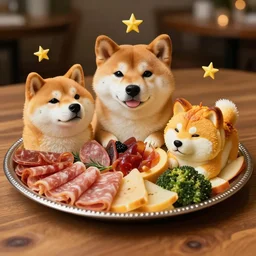 a charcuterie board made of doge body, shiba inu face, doge meme fur, cake of doge, baked shiba body, pieces of doge in the silver plate, wooden table, five stars michellin, professional shot, gourmet dog dish, with fewer veggies. low light, bokeh, masterpiece.