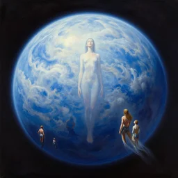 a giant woman blue cloud planet in space, tim hildebrandt, wayne barlowe, bruce pennington, donato giancola, trending on artstation, cinematic composition, beautiful lighting, hyper detailed, 8 k, oil on canvas
