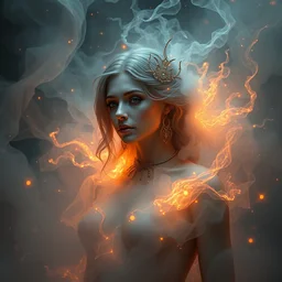 3 d octane render unreal engine of portrait painting of misty goddess surrounded by stars and ethereal flames and phantom shapes