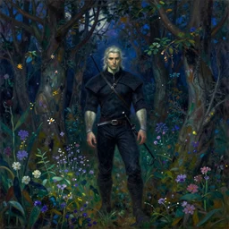 painterly dreamy forest with trees, flowers and midnight sky by Mikhail Vrubel, dark fantasy, witcher, detailed oil painting, masterpiece, 8k