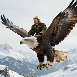 Actor Paul Wesley, dressed as an Elf Ranger, rides bareback style on top of a giant Eagle as it soars over snowy mountains, photorealistic and cinematic