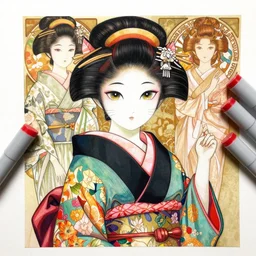 a copic maker realistic manga cat by yoshiyuki sadamoto and lois van baarle and alphonse mucha of a japanese geisha girl highly detailed eyes wearing a colorful kimono, synthetic materials, by issey miyake and balenciaga 8 k