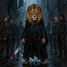 A digital painting of a teenage lion in a dark rainy alleyway wearing a dark glowing black cloak while holding a long dagger dripping of blood in his right hand, by Stanley Artgerm Lau, frank frazetta, Rossdraws, James Jean, gerald brom, Andrei Riabovitchev, Marc Simonetti, and Sakimichan, trending on artstation, cinematic lighting, SFW version