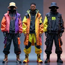 cyberpunk techwear streetwear look and clothes, we can see them from feet to head, highly detailed and intricate, beautiful bright colors, hypermaximalist, futuristic, cyberpunk setting, luxury, elite, cinematic, techwear fashion, Errolson Hugh, Sacai, Nike ACG, Yohji Yamamoto, Y3, ACRNYM, outfit photo
