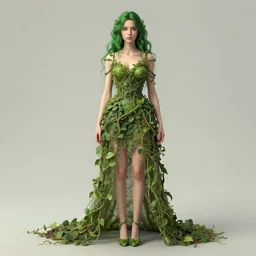 a detailed full-body photo of girl with green hair, wearing a dress made of vines,ultra detailed, by Tomasz Alen Kopera and Peter Mohrbacher