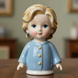 high quality presentation photo of a cute Hilary clinton porcelain doll in the style of mark ryden photography 4k, f1.8 anamorphic, bokeh, 4k, Canon, Nikon