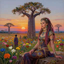 a very regal kate beckinsale with colorful dreadlocks and lots of jewlery sitting on a cliff overlooking a field of colorful flowers with a giant glowing baobab tree in the middle, it is sunset, by greg rutkowski and android jones and Alena Aenami in a surreal cyberpunk! style, oil on canvas, highly detailed face, 8k hd,