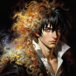 a baroque neoclassicist close - up of george joestar mixed with simon belmont, glorious hair, detailed textures, glowing colorful fog, black background, highly detailed fantasy painting by moebius, norman rockwell, frank frazetta, and syd mead, rich colors, high contrast, artstation
