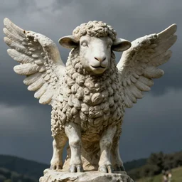 Statue of a creepy sheep as an angel, photorealistic, film still