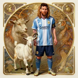 Lionel Messi standing beside a goat, D&D, fantasy, intricate, elegant, highly detailed, digital painting, artstation, concept art, matte, sharp focus, illustration, art by Artgerm and Greg Rutkowski and Alphonse Mucha